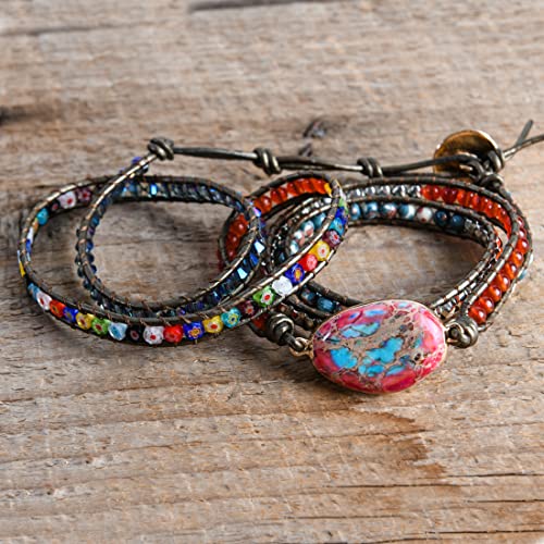 YGLINE Boho Handmade Natural Stone Wrap Bracelets Jasper Crystal Beads Bracelet Jewelry - color: jasper 2-5 wrap