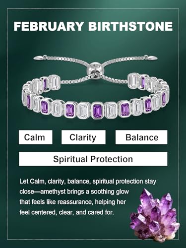 Birthstone Bracelets for Women, Sterling Silver Tennis Bracelets Emerald Cut Bezel Set with Adjustable Chain, Elegant Anniversary, Birthday or Valentine's Day Gift - color: 02-Feb-Amethyst