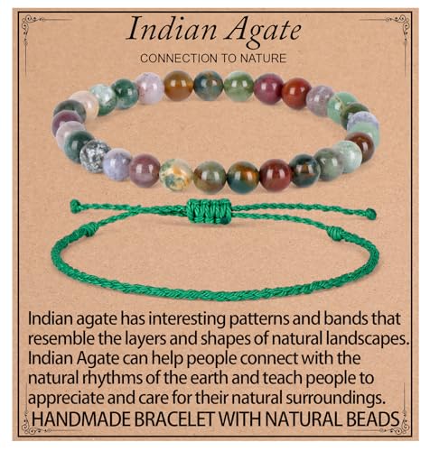 QOGIR 2pcs Handmade Healing Bracelet, Natural Gem Stone Crystal Elastic Bracelet - color: Indian Agate(Connection to Nature), size: 6mm