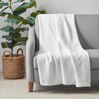 Arkwright Basket Weave Throw Blanket - Case of 4-100% Ringspun Cotton All Season Throws, Luxury Hotel Quality, Soft on Skin, Breathable, 300 GSM for Bed, Sofa, and Chair, 50 X 70 in, White - color: Bright White, size: Throw (50x70) Case of 4