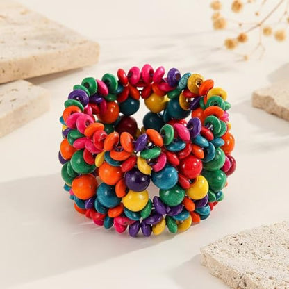 Zian Bohemian Wooden Beaded Bracelets for Women Handmade Colorful Wide Chunky Elastic Stretch Bracelets Boho Wristband Summer Beach Jewelry - color: Multi