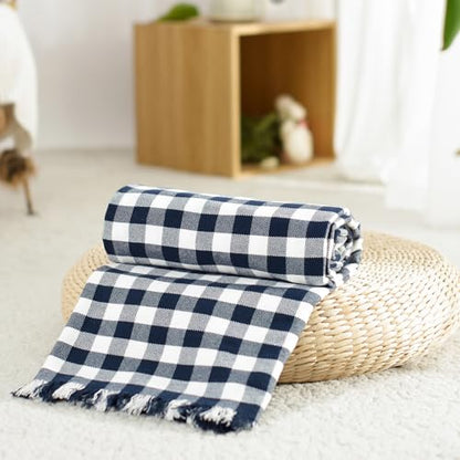 100% Cotton Throw Blanket Plaid Soft Lightweight Cozy Farmhouse Tassels Summer Thin Breathable Throws for Couch Sofa Bed (50" × 60" Navy Blue) - color: Navy Blue, size: 50"x60"