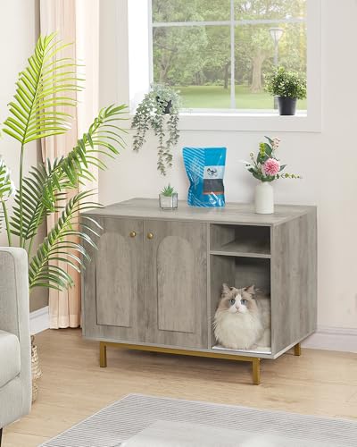Hzuaneri Cat Litter Box Enclosure Enclosed, Hidden Litter Box Cabinet Furniture with Storage, Wooden Indoor Cat House Large, Modern End Table for Living Room Entryway, Greige and Gold CB01505G - color: Greige and Gold