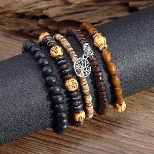 MILAKOO Mens Beaded Bracelets Tribal Wooden Elastic Adjustable Prayer Beads Wrap Cuff for Women - color: D: 5pcs