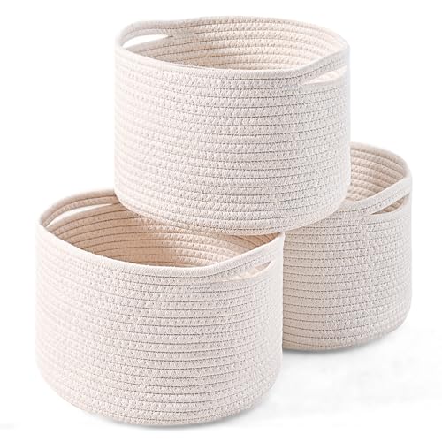 ICERZCZ Small Storage Baskets for Organizing, Woven Cotton Rope Organizer Baskets for Shelves, Round Cute Basket for Gifts Empty, 9.7"x9.7"x7" (3 Packs) Off White - color: Off White, size: 9.7"×9.7"×7"