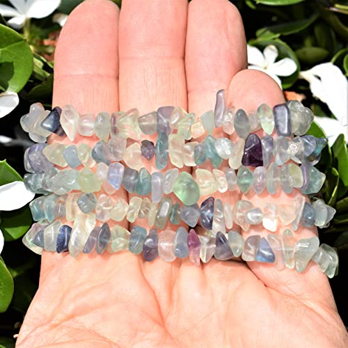 Zenergy Gems Charged Premium Natural Crystal Chip Bead Bracelet + Moroccan Selenite Charging Crystal [Included] - color: Fluorite (Rainbow)