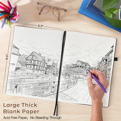 Blank Notebook, Hardcover Sketch Book, 8.5 x 5.5 Large Blank Journal, No Bleed Thick Paper Sketchbook for Drawing, Unlined Notebook Journal for Women Men School, A5 Leather Sketchbook, Lay Flat, Brown