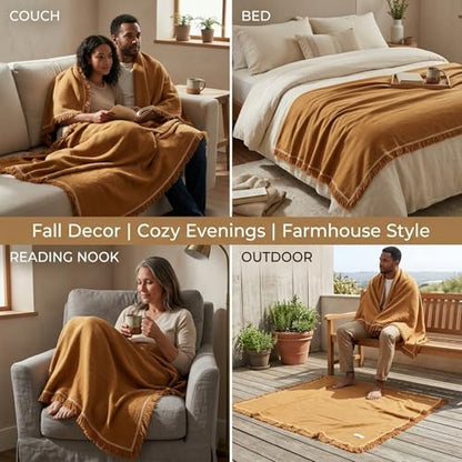 Odin Waffle Throw Blanket with Tassels, 50x66 Inch, 100% Turkish Cotton, Oeko-TEX Certified, Breathable Lightweight Throw for Couch, Sofa & Bed, Made in Turkey, Mustard - color: Mustard