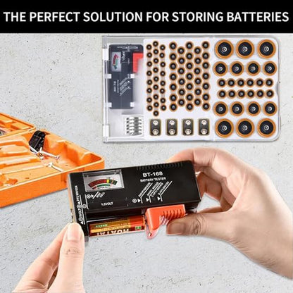 Battery Organizer Storage Box with Tester, Clear Lid Battery Organizer Storage Case, Holder Battery Carrying Case（Batteries are Not Included）