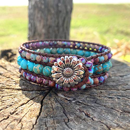 YGLINE Boho Handmade Natural Stone Bead 3 Row Wide Wrap Wrist Statment Bracelet Jewelry Collection - color: 2pcs/set