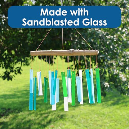Blue Handworks Sea Glass and Driftwood Chime - Sandblasted Glass and Found Wood Hand Crafted Wind Chime