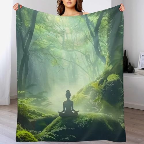 Woman Meditation Jungle Green Ultra Soft Flannel Fleece Bed Blankets Lightweight Cozy Throw Blanket Room Decor for Couch Chair Bedroom Adults Bedding Cozy Blanket Outdoor Travel Blankets 50"x6 - size: 60L" x 50W"