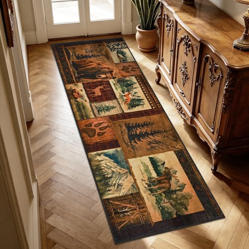 ASPMIZ 2x7 Rustic Runner Rug Non-Slip Washable — Buffalo Plaid Log Cabin Bear Deer Fox Design, Soft Faux Wool Hallway Carpet Runner for Entryway Kitchen, Brown - color: Brown, size: 2' X 7' (Runner)
