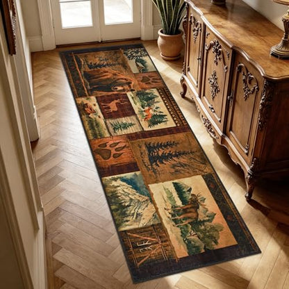 ASPMIZ 2x7 Rustic Runner Rug Non-Slip Washable — Buffalo Plaid Log Cabin Bear Deer Fox Design, Soft Faux Wool Hallway Carpet Runner for Entryway Kitchen, Brown - color: Brown, size: 2' X 7' (Runner)