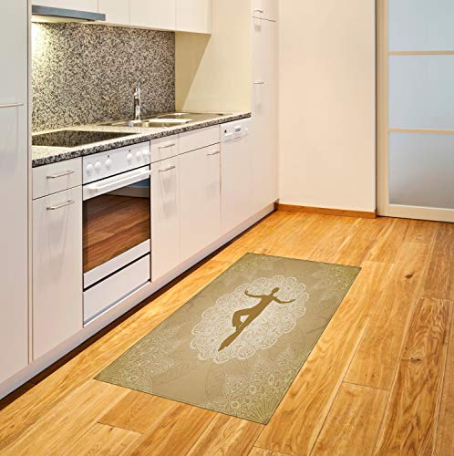 Ambesonne Yoga Area Rug, Authentic Mandala Inspired Composition Man Posture Asana Meditation Print, Flat Woven Accent Rug for Living Room Bedroom Dining Room, 2.6 x 5 FT, Sand Brown Gold White