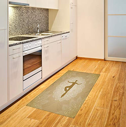 Ambesonne Yoga Area Rug, Authentic Mandala Inspired Composition Man Posture Asana Meditation Print, Flat Woven Accent Rug for Living Room Bedroom Dining Room, 2.6 x 5 FT, Sand Brown Gold White