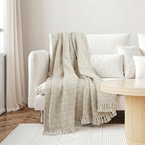 Americanflat 50x60 Throw Blanket - Soft and Breathable Cotton Throw Blanket for Couch, Bed, Chair - Decorative Blankets Perfect for Home, Office, or Outdoor Use - Cream and Beige Zig Zag Design