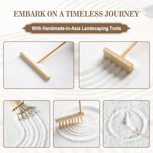 Zen Garden for Desk Decor - Premium Beautiful Japanese Mini Zen Sand Garden Kit Box for Home, Office Desk with Black Wooden Tray, White Sand, Tools, Red Gate, Buddha - Desktop Set