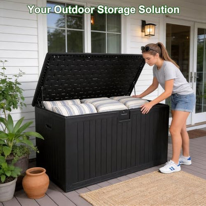 230 Gallon Outdoor Storage Box, Waterproof Extra Large Resin Deck Box with Lockable Lid for Patio, Pool Equipment, and Cushions, Black - color: Black(230 Gal)