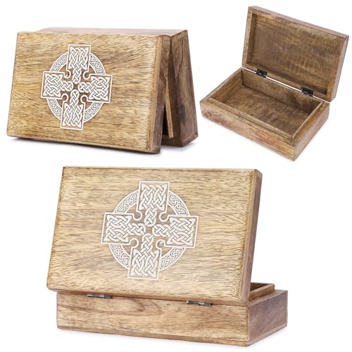 Ajuny Handmade Decorative Wooden Jewelry Box Celtic Cross Design Multipurpose Treasure Chest Storage Organizer Trinket keepsake Necklaces Watch Boxes, Great Gifts - 8x5 Inch - style: Celtic Cross White