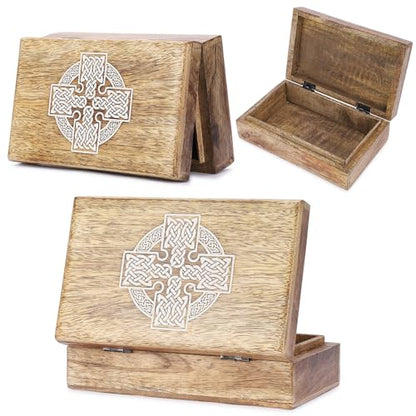 Ajuny Handmade Decorative Wooden Jewelry Box Celtic Cross Design Multipurpose Treasure Chest Storage Organizer Trinket keepsake Necklaces Watch Boxes, Great Gifts - 8x5 Inch - style: Celtic Cross White