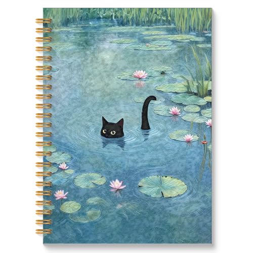 ROXMART Funny Black Cat in Water Lily Pond Spiral Notebook Journal, Cat Lover Mom Lady Gifts for Women, Whimsical Cute Black Kitty Kitten Hardcover Notebook Journal, 5.5x8.3 Inch - color: Style04