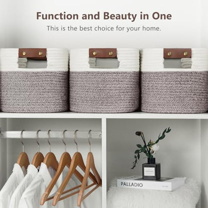 ECDYQXVU Cotton Rope Basket, Storage Baskets with Handle, 15x10x9 Inch Woven Basket for Shelves, Laundry, Towels, Clothes, Books (White Brown 1 Pack)
