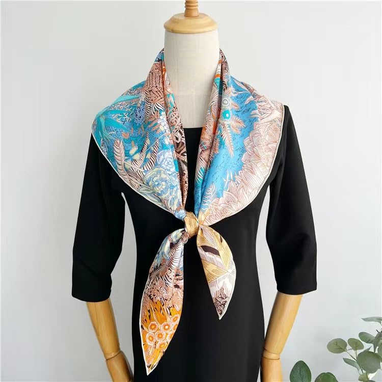 100% Pure Mulberry Silk Scarf 35" Large Square Lightweight Headscarf –Women’s Hair Wraps-With Gift Packed - color: Brown&blue-twill
