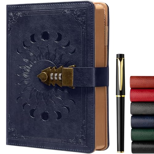 ZXHQ Lock Diary for Women & Men, A5 240 Pages Lockable Journal with Pen, Vintage Edge Design, Refillable Leather Journal Writing Notebook, Size A5(8.5 × 5.9 Inch) Dark Blue - color: Dark Blue