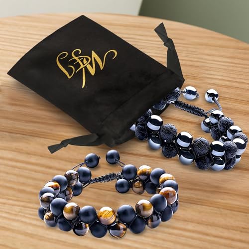 WFJ Black Obsidian Hematite Triple Protection Bracelets Set - Tiger Eye Beaded Natural Stone Bracelet for Men Women Gemstone (10MM) - color: 2PCS Double Set