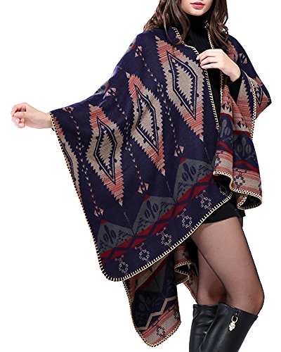 Urban CoCo Women's Color Block Shawl Wrap Open Front Poncho Cape - color: Navy Blue