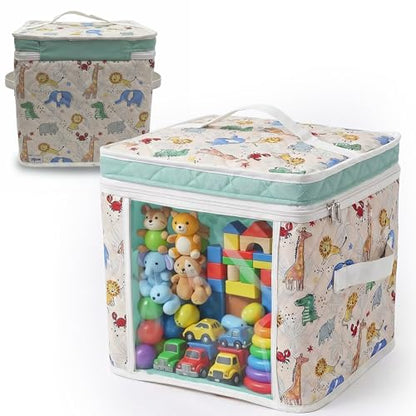 12" Soft Side Zipper Toy Storage Bag, Quilt Pattern Cloth Cube, Reusable, Clear Bag, Playroom, Bedroom & Puzzles Board Game Organizers And Storage Bin, Zoo & Animals Design - color: Zoo