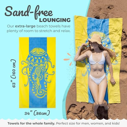 Nova Blue Jellyfish Beach Towel – Tropical Blue & Yellow Colors with A Unique Design, Extra Large, XL (34”x 63”) Made from 100% Cotton - color: Jellyfish