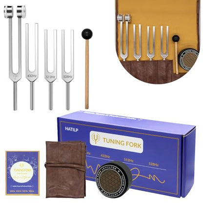 Tuning Fork Set – 128Hz 432Hz 512Hz 528Hz Weighted & Unweighted Frequency Tools with Activator, Mallet & Vegan Pouch – for Yoga, Meditation, Chakra, Ideal as a Gift
