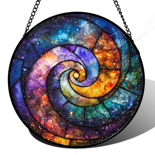 Stained Glass Window Hanging, Blue Orange Starry Sky Sun Catcher for Door Terrace Garden Home Decor, Abstract Universe Suncatcher Birthday Gifts for Lovers Women Men Dad Mom Nana 6.3 in