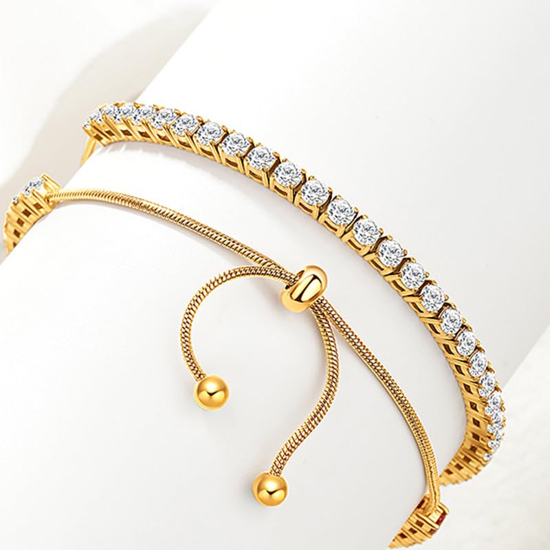 3/4mm Moissanite Tennis Bracelet Adjustable Simulated Diamond Chain 18K Gold Plated 316L Stainless Steel Bracelets Jewelry Gifts for Women Men Wife Mother - color: Gold, size: 3MM Moissanite