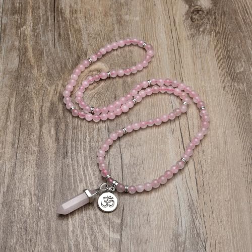 Natural Japa Mala 108 Beads Bracelet Necklace Meditation Accessories with om Chram and Reiki Quartz Hexagonal Prism Pendant - style: Rose Quartz