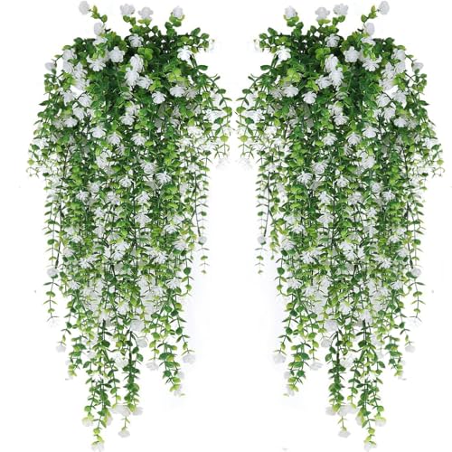 WEISPARK Artificial Hanging Flowers, 4pcs Fake Eucalyptus Vine Faux Flower Greenery Garland Plastic Plants for Indoor Outdoor Wall Garden Wedding Home Party Decor (White) - color: White-4pcs