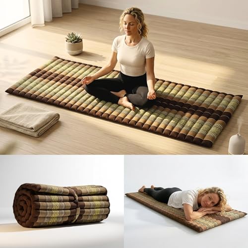 Leewadee - Foldable Floor Mattress - Japanese Roll Up Futon -Trifold Tatami Mat- Guest Floor Bed - Camping Mattress - Thai Massage Mat, Kapok Filled, 75 x 28 inches, Brown - color: Sf10 - Brown, size: M: 75x28"