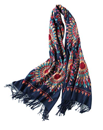 Urban CoCo Women's Embroidered Oversize Tassel Shawl Scarf Wraps for Women - color: Navy Blue