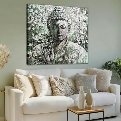 LEVERUP White Floral Canvas Wall Art Zen Wall Art Breathing Buddha Wall Artwork Gold Foil Wall Decor for Bedroom Kitchen Office 40×40 inch Home Decorations - color: Grey-flowered Buddha, size: 40"L x 40"W
