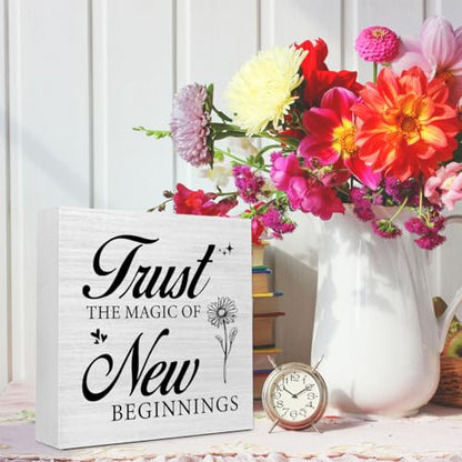 Inspirational Desk Decor for Women, Trust the Magic of New Beginnings Wood Box Sign, Small Motivational Living Room Bedroom Shelves Desk Decor Signs 5x5x1 INCH - style: Trust the Magic