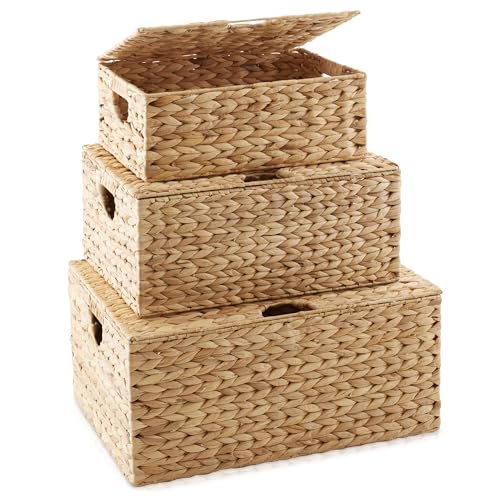 Casafield Set of 3 Water Hyacinth Rectangular Storage Baskets with Lids (Natural - Small/Medium/Large) for Bedroom, Bathroom, Laundry, Home Office
