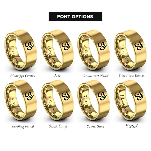 Yoga Om Symbol Ring - Gift for Meditation Fan - Personalized Custom Engraving - Anniversary Wedding - 8mm - Band - Brushed Polished - Tungsten - Flat Dome Bevel - Men Women - Yellow Rose Gold Silver - color: 15 - Yellow Gold Tungsten