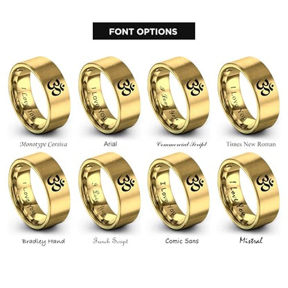 Yoga Om Symbol Ring - Gift for Meditation Fan - Personalized Custom Engraving - Anniversary Wedding - 8mm - Band - Brushed Polished - Tungsten - Flat Dome Bevel - Men Women - Yellow Rose Gold Silver - color: 15 - Yellow Gold Tungsten