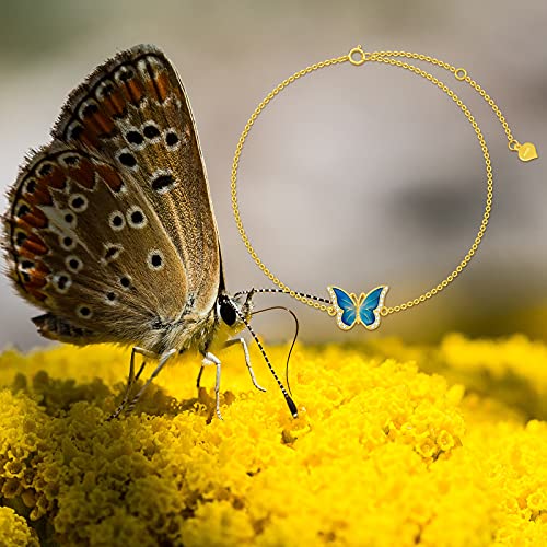 Real 14k Gold Blue Butterfly Bracelet for Women, Solid 14 Karat Gold Animal Lover Wrist Jewelry Gifts for Her, 6.8-8.4