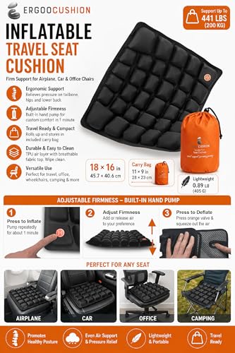 Inflatable Travel Seat Cushion with Built‑in Manual Pump, Adjustable Firmness & Compact Storage –Firm Support for Airplane, Car & Office Chairs, Large Generous Fit 18x16x2.1", Carry Bag Included