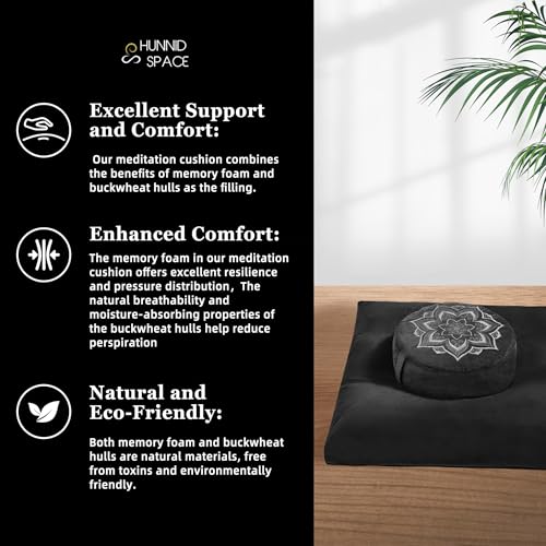 Meditation Cushion Set Zafu & Zabuton – Buckwheat Hull & Memory Foam, Adjustable Floor Pillow for Yoga, Meditation & Sitting, Removable Velvet Cover (Classic Black)