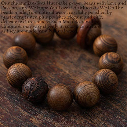 chuanglian-Bird Hut Handmade Unisex 12 Beads Natural Bubinga Wood Prayer Beads Link Wrist Meditation Star Ring Circumstellar Decompression Bracelet Rosary Mala Necklace Chain for Men Women