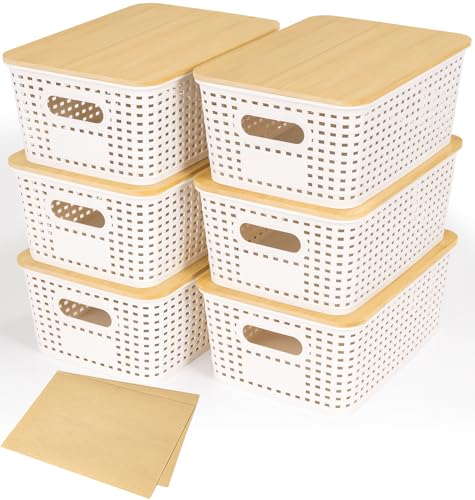 6 Pack Plastic Storage Baskets With Bamboo Lid, Stackable Storage Baskets for Organizing Desktop Closet Shelves Drawers Pantry Organization Office Playroom Classroom - color: White